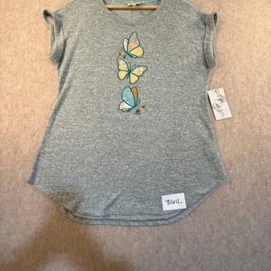True Self Womens Gray Butterfly Embroidered Knit Top Cap Sleeve Size M NEW